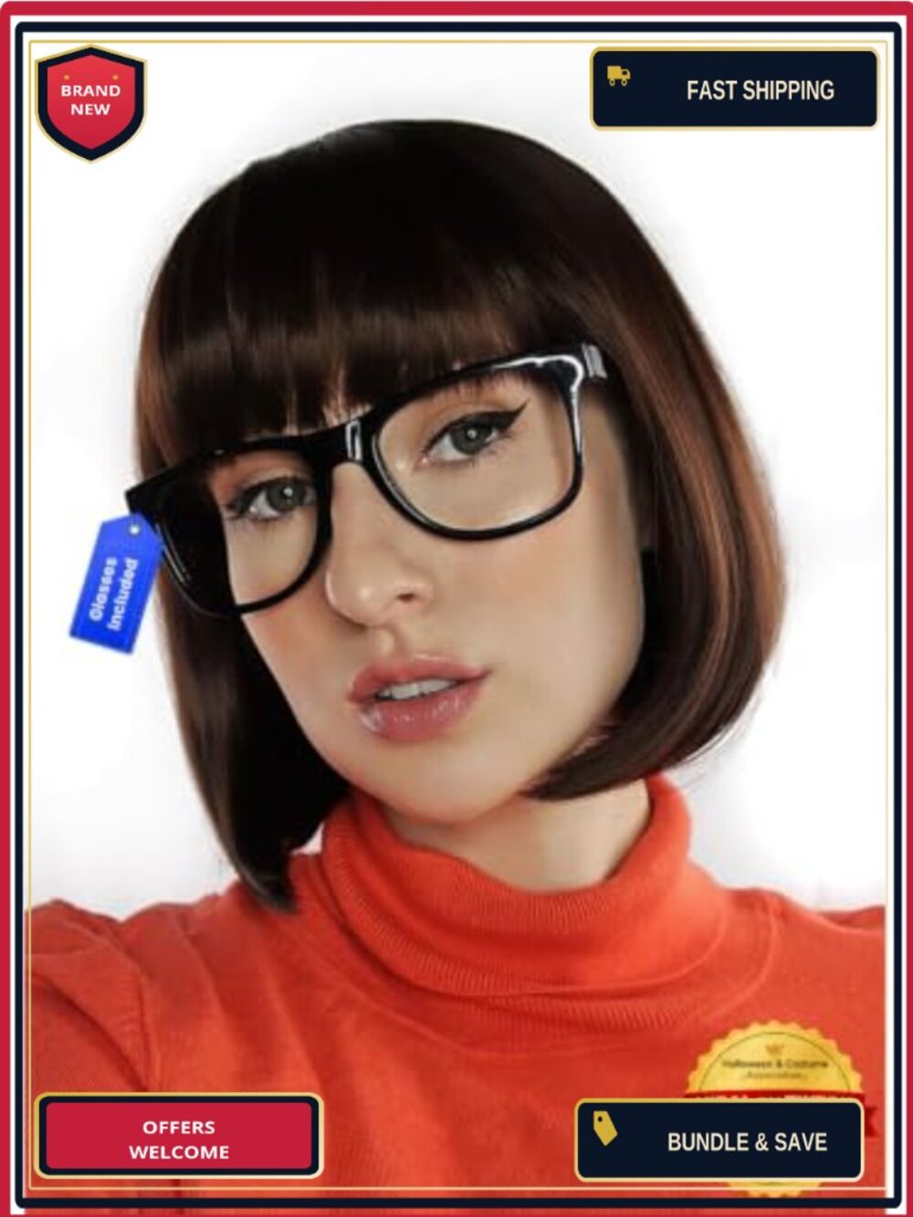 Brown Bob Wig with Glasses for Women - Cosplay Costume Wig with Bangs